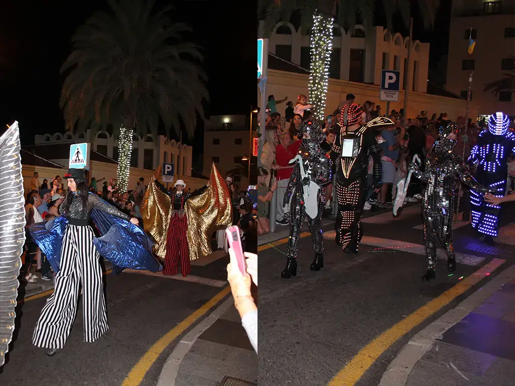 Lazer show people and stilts in the Los Cristianos Parade in early January