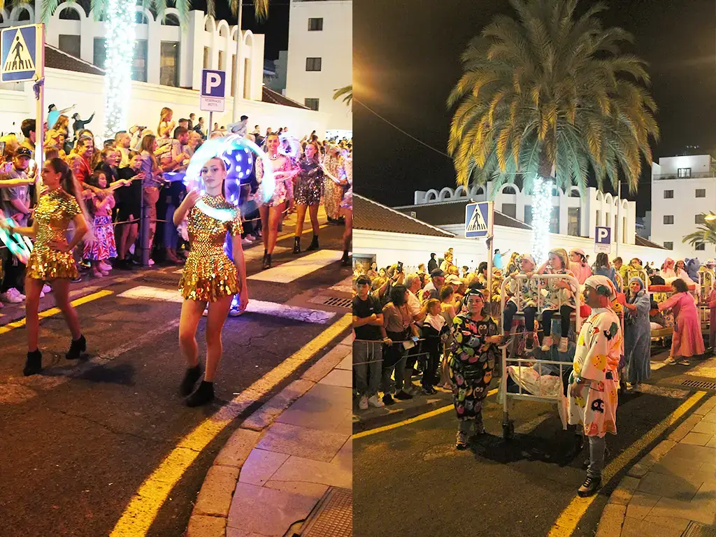 Hoola Hoop girls and sleeping children are taken through Los Cristianos center.