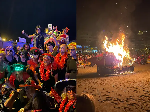 The burial of the sardine bonfire 2024 on the Los Cristianos beach and the wailing drag widows on the left