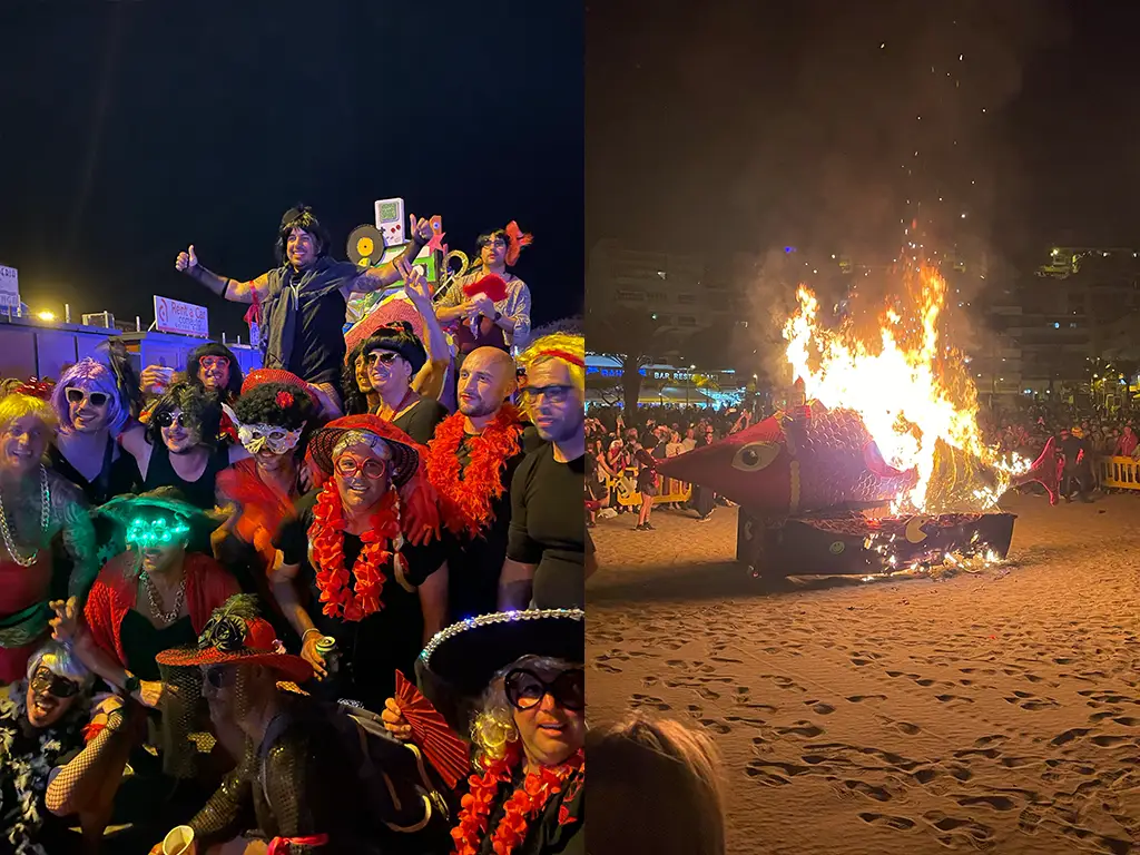 The burial of the sardine bonfire 2024 on the Los Cristianos beach and the wailing drag widows on the left