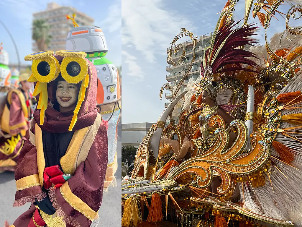 Another Los Cristianos carnival queen finalist on the right and a kid parading on the left.